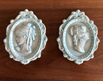 Vintage Pair of 1970s Cameo Ceramic Plaques of Women's Profiles