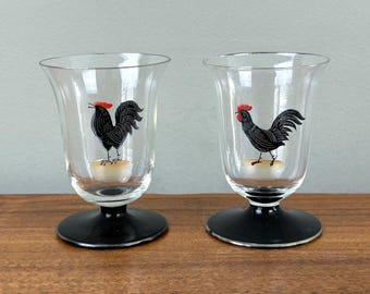 Vintage Pair of Mid Century Footed Rooster Cordial Juice Glasses