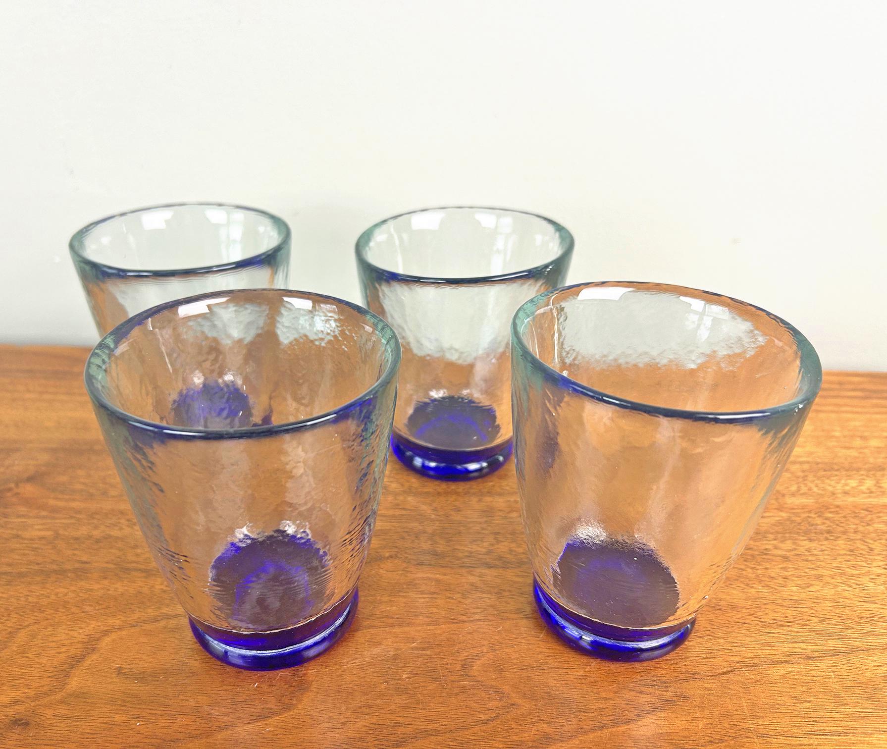 Vintage Sasaki Crystal Bedrock Clear Cobalt Blue Base Lowball