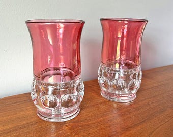 Vintage Indiana Glass Tiffin Franciscan Cranberry Flash Kings Crown Thumbprint Iced Tea Glasses - Set of 2