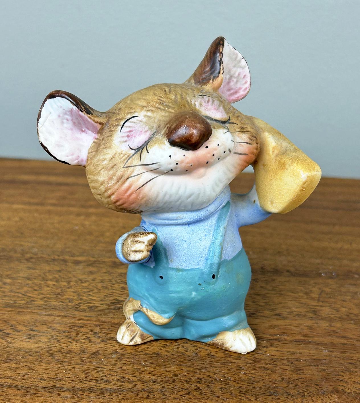 Vintage Harvest Field Mouse in Overalls With Cheese Porcelain
