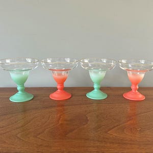 Vintage Blendo Margarita Glasses Frosted Green and Peach Glasses MCM Mid Century Modern Glassware Set of 4