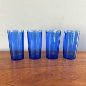 Vintage Set of 4 Hazel Atlas Blue Optic Tumbler 8 oz Glasses
