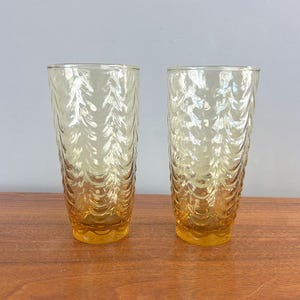 Vintage Libbey Honey Gold Drape Tumblers Amber Glasses - Set of 2