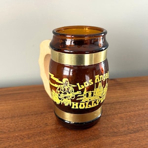 Vintage Los Angeles Hollywood Attractions Brown Glass Barrel Souvenir Mug