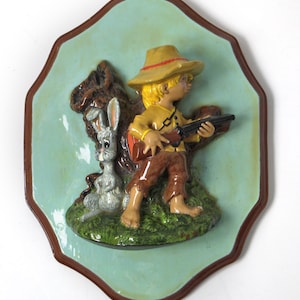 Vintage Ceramic Plaque - Boy Hunting Rabbit to Make Easter Great Again