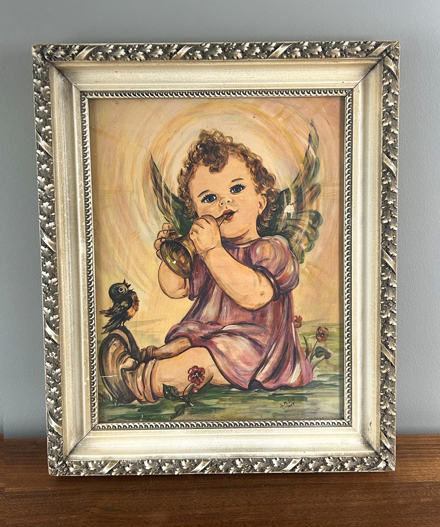 Vintage Mid Century Framed Cherub Angel Child With Wings S.M.J.V.