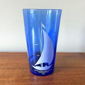 Vintage Anchor Hocking Cobalt Blue Sailboat Glass Tumbler