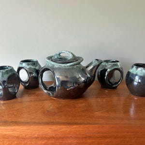 Vintage Stoneware Holkham Pottery Style Owl Eye Teapot Coffee Set with 4 Mugs