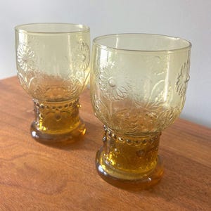 May include: Two amber-colored vintage drinking glasses. Each glass features a floral design etched into the glass. The base of each glass is a darker amber color, with a decorative pattern. The glasses are on a wooden surface.
