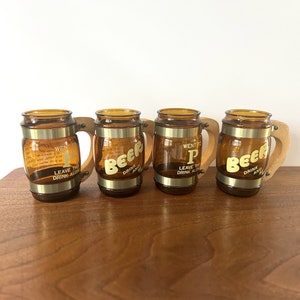 Vintage Set of 4 Funny Glass Barrel Beer Mugs with Wooden Handles &quot;Beer Drink and Be Merry&quot; &quot;Went to P&quot;