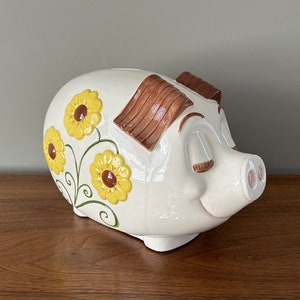 Vintage Riesen Sparschwein aus Keramik mit Blumen TCM 1979