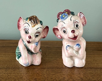 Vintage Anthropomorphic Pink Monkey Couple Salt and Pepper Shaker Set Made in Japan