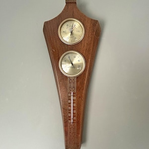 Vintage MCM Atomic Airguide Barometer Thermometer Hygrometer Solid Wood Weather Station 1950&#39;s