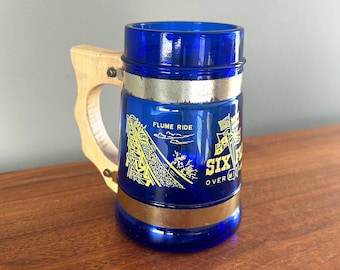 Vintage Souvenir Six Flags Over Mid America Blue Glass Mug