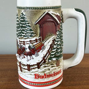 Vintage Budweiser 1984 Anheuser Busch Beer Stein Mug Holiday Covered Bridge