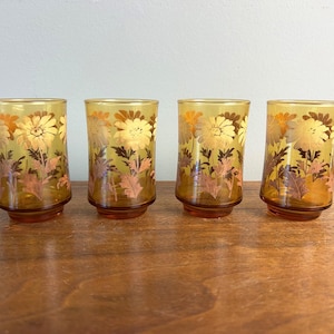 Vintage Libbey Amber Daisey Floral Juice Glasses - Set of 4