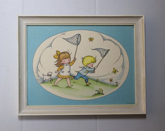 Vintage Framed Print of a Lamb Using Children to Catch Butterflies for It Because It Can't Hold a Net
