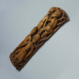 Vintage 1970s Latino Wood Carving of Figures and Socioeconomic Symbolism