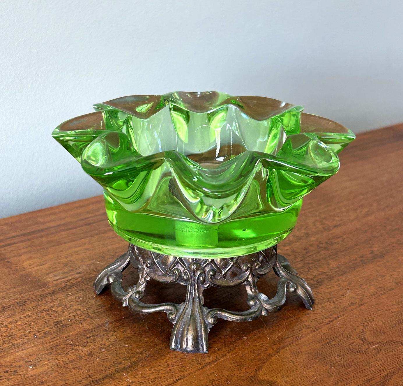 Vintage MCM Pedestal Green Crystal Ashtray With Brass Base Hand