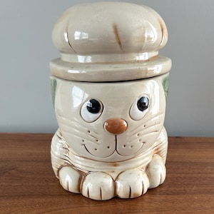 Gato de cerámica vintage con tarro de galletas con sombrero