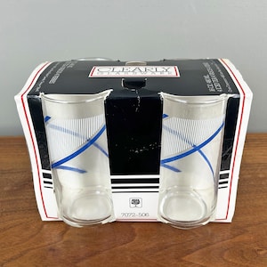 Vintage Georges Briard Crisa Blue Swirls and White Stripes 16 oz. Iced Tea Glasses with Original Box - Set of 4 glasses