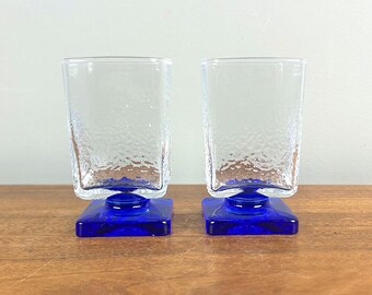 Vintage Bormioli Rocco Square Pedestal Liqueur Glasses With Cobalt