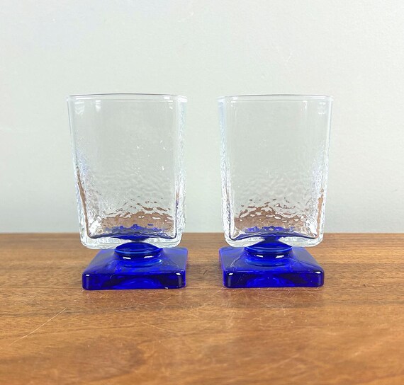 Vintage Bormioli Rocco Square Pedestal Liqueur Glasses With Cobalt