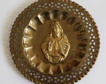 Vintage Decorative Brass Plate with Relief of Jesus in Center