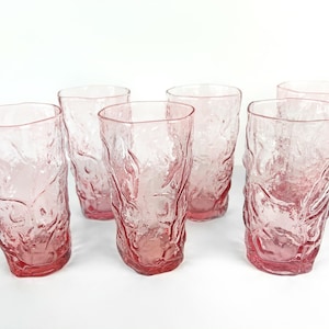 Vintage Morgantown Seneca Driftwood Pink 14 oz Set of 6 Drinking Glasses Crinkle Bumpy Texture Tumblers MCM Drinkware Glassware