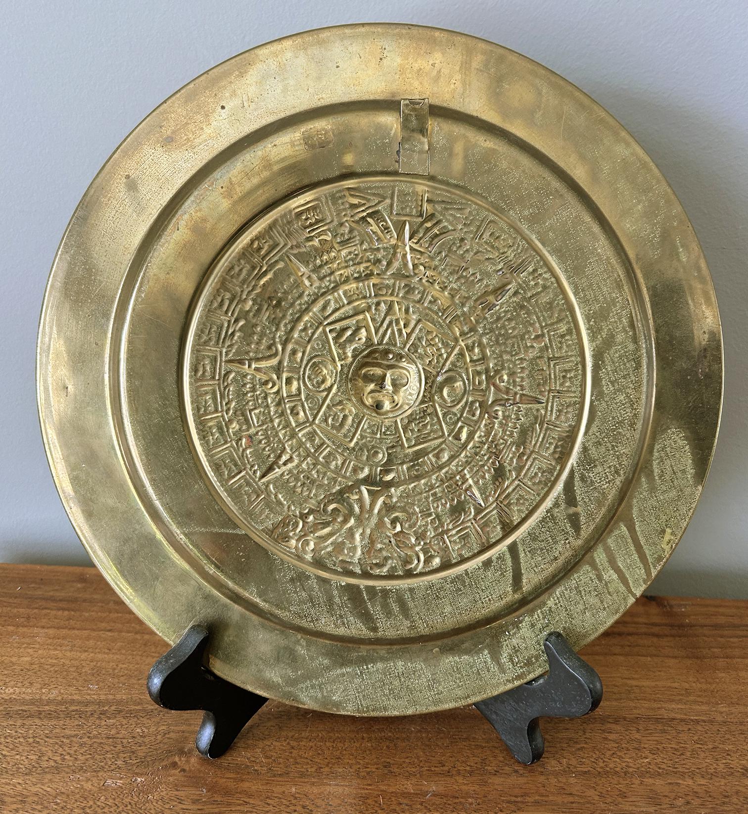 アバロンシェル装飾アステカカレンダープレート Vintage Abalone Shell Bordered Brass Mayan Calendar Tray Mexican