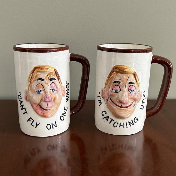 Vintage Enesco Ceramic Mugs - "Can't Fly on one Wing" - "I'm Catching Up!"