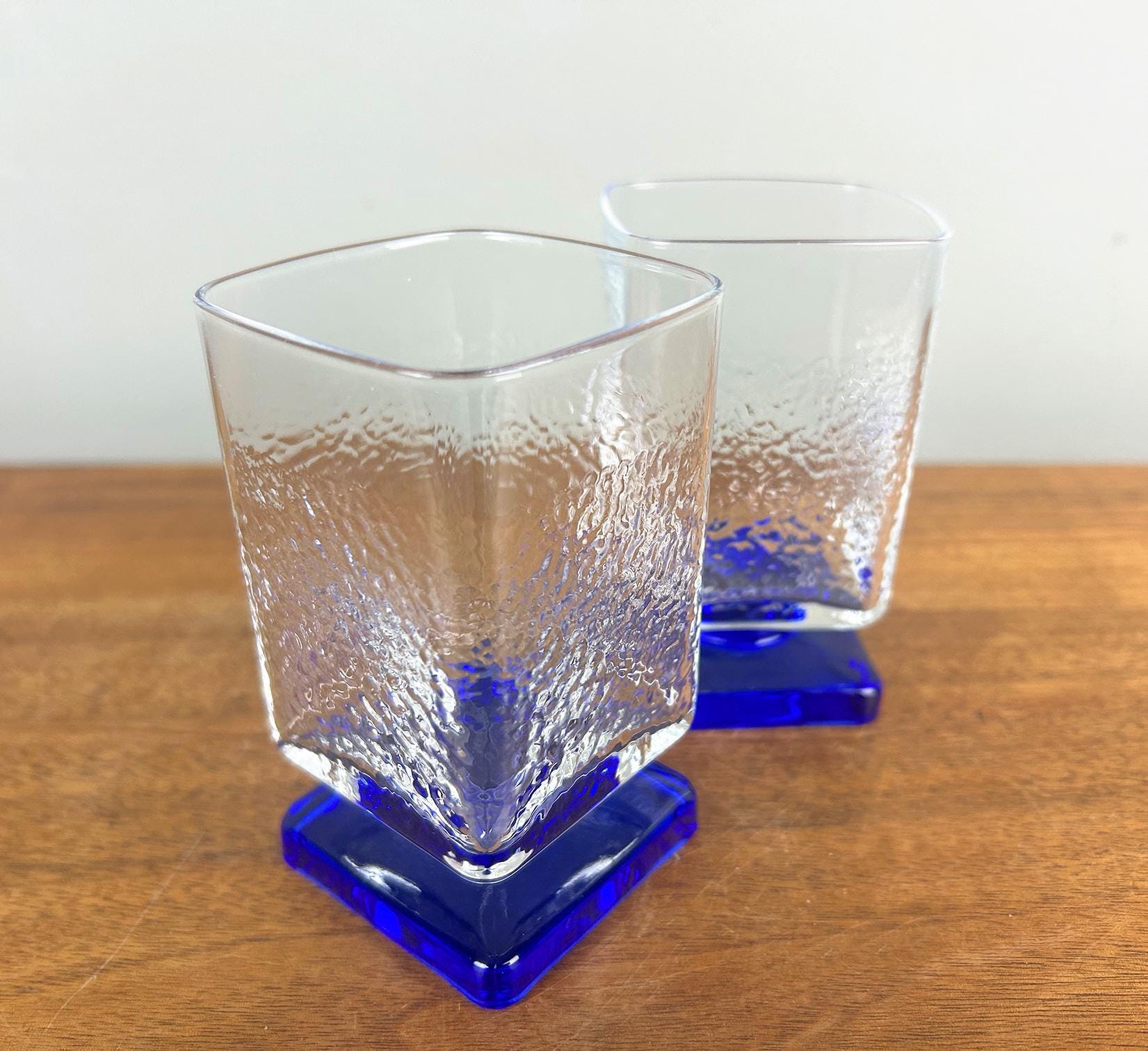 Vintage Bormioli Rocco Square Pedestal Liqueur Glasses With Cobalt