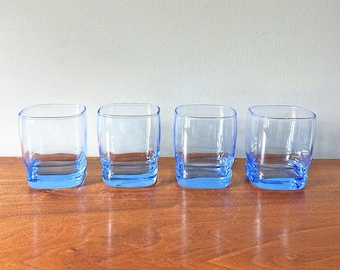 Vintage Libbey Carrington Blue Square Low Ball Rocks Whiskey Old Fashioned Glasses - Set of Four