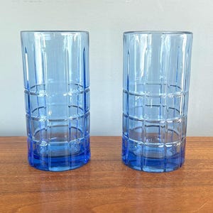 Vintage Anchor Hocking 6&quot; Tall Clear Blue Tartan Heavy Glass Tumblers - Pair