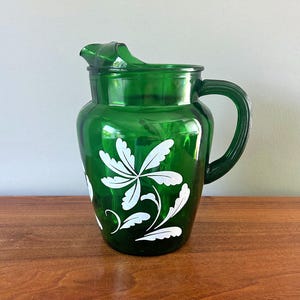 Vintage Anchor Hocking Forest Green 86 oz Glass Pitcher with Ice Lip and White Floral Pattern
