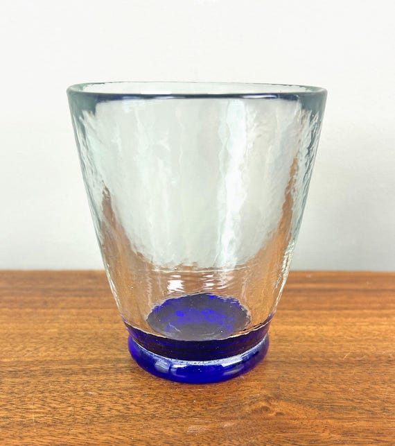 Vintage Sasaki Crystal Bedrock Clear Cobalt Blue Base Lowball