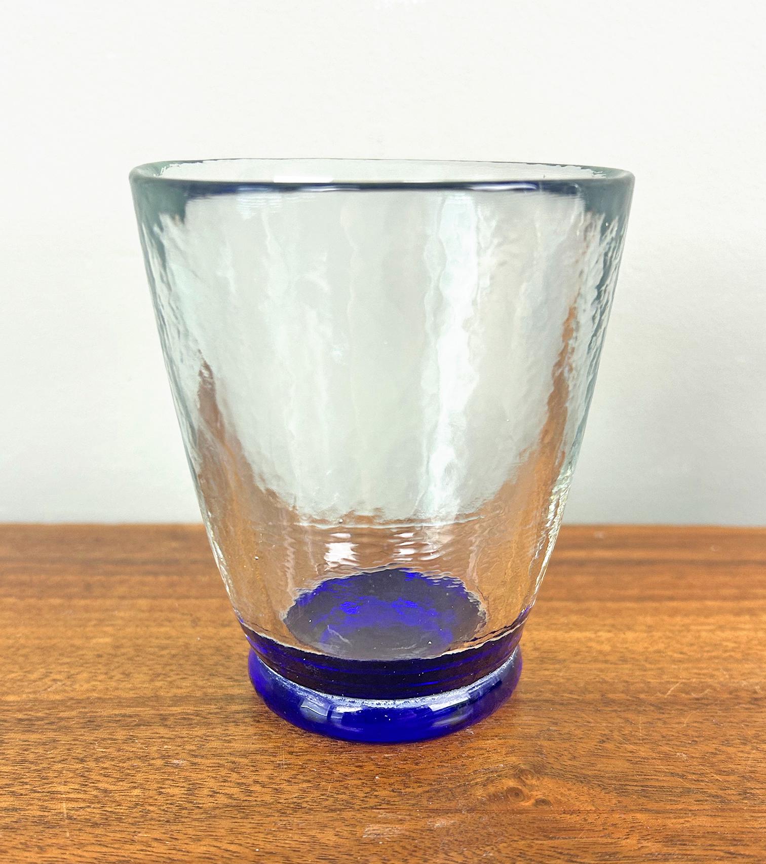 Vintage Sasaki Crystal Bedrock Clear Cobalt Blue Base Lowball
