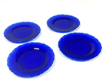 Vintage Duralex France Bormioli Rocco Swirl Rivage Cobalt Blue Glass 7 3/4" Salad Plates - Set of 4