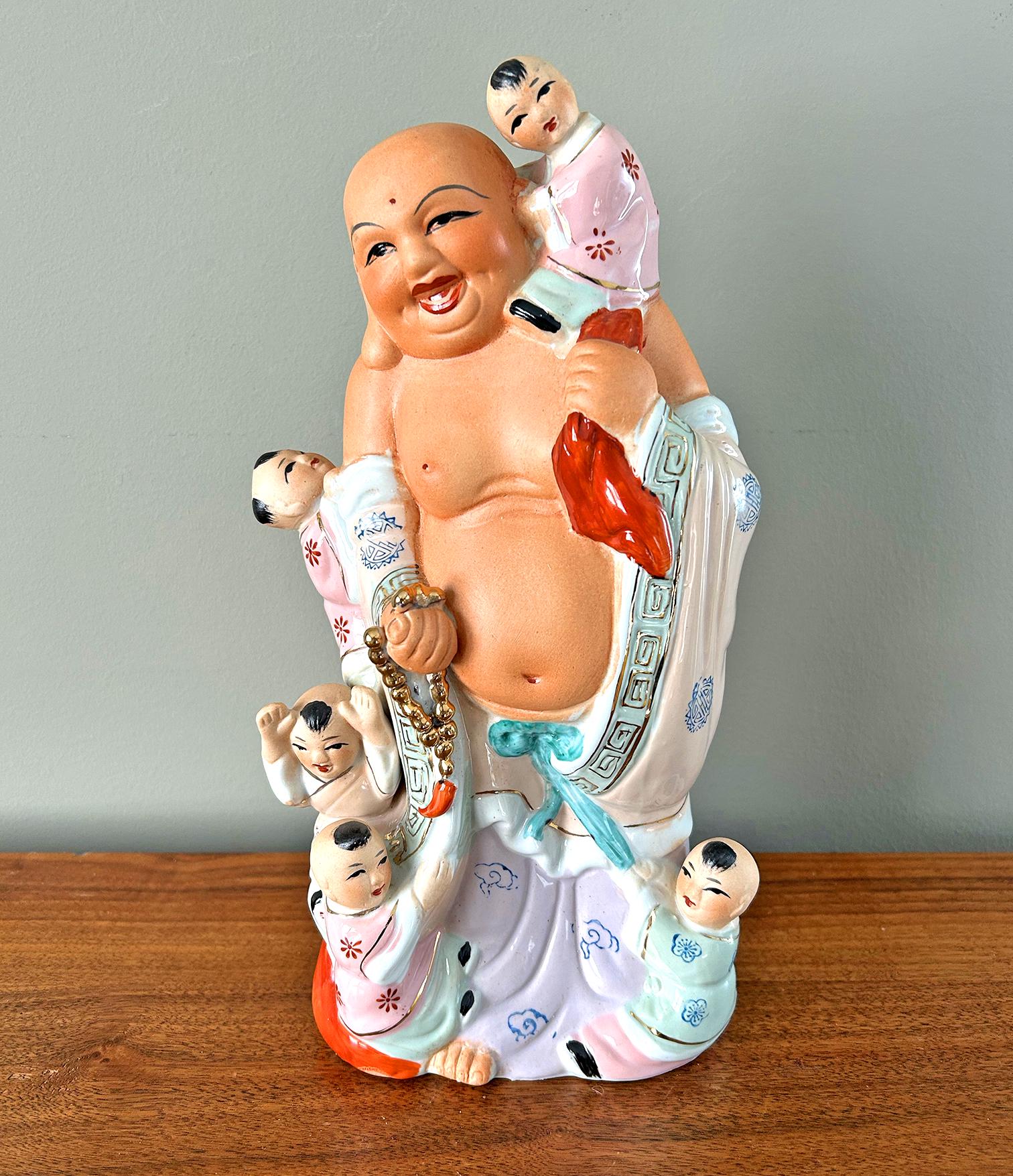 Vintage 13" Maitreya Laughing Buddha with Five Children Buddhism Sculpture