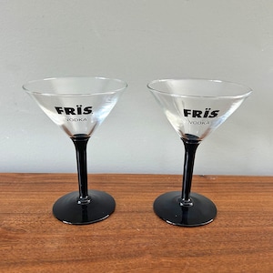 Vintage Pair of Fris Danish Vodka Black Stemmed Martini Glasses by Luminarc France