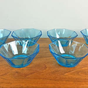Vintage Hazel Atlas Capri Azure Turquoise Octagonal Pattern Glass Bowls - Set of 6