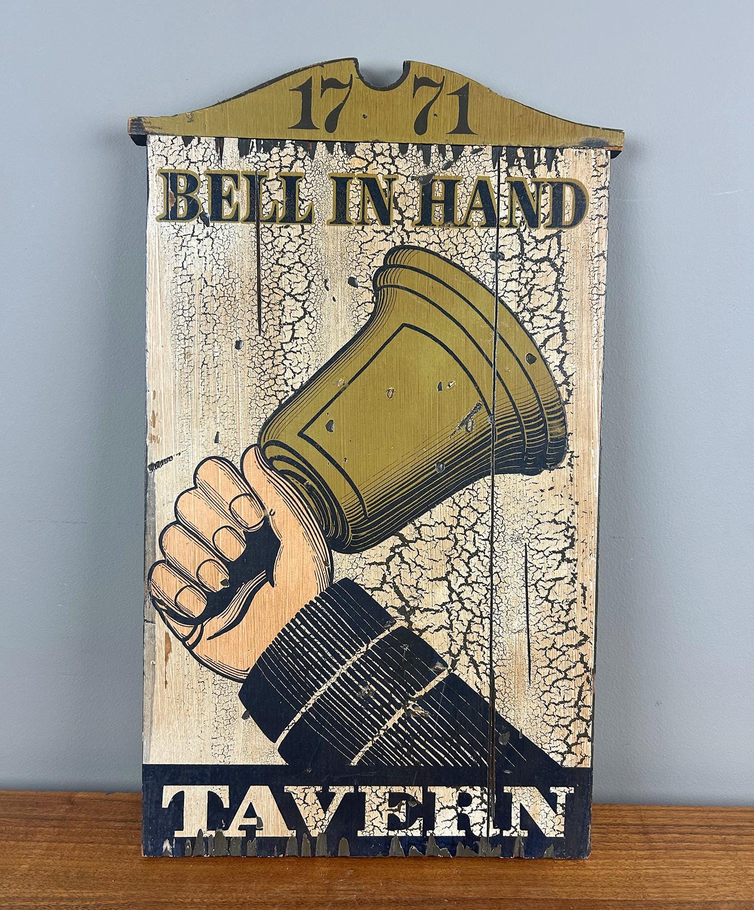 Vintage George Nathan Bell in Hand Tavern 1771 Hand Screened Wood