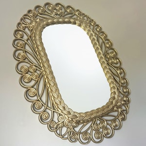 Vintage Large Mirror in Gold Finish Faux Wicker Rattan Molded Plastic Frame