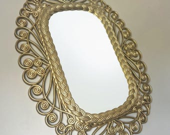 Vintage Large Mirror in Gold Finish Faux Wicker Rattan Molded Plastic Frame