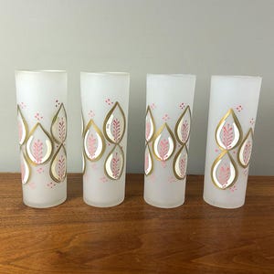 Vintage Set of 4 Hand Painted Mid Century Frosted Highball Glasses