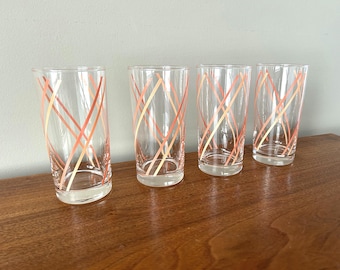 Vintage Libbey Pink Coral Peach Striped Tumbler Glasses - Set of 4