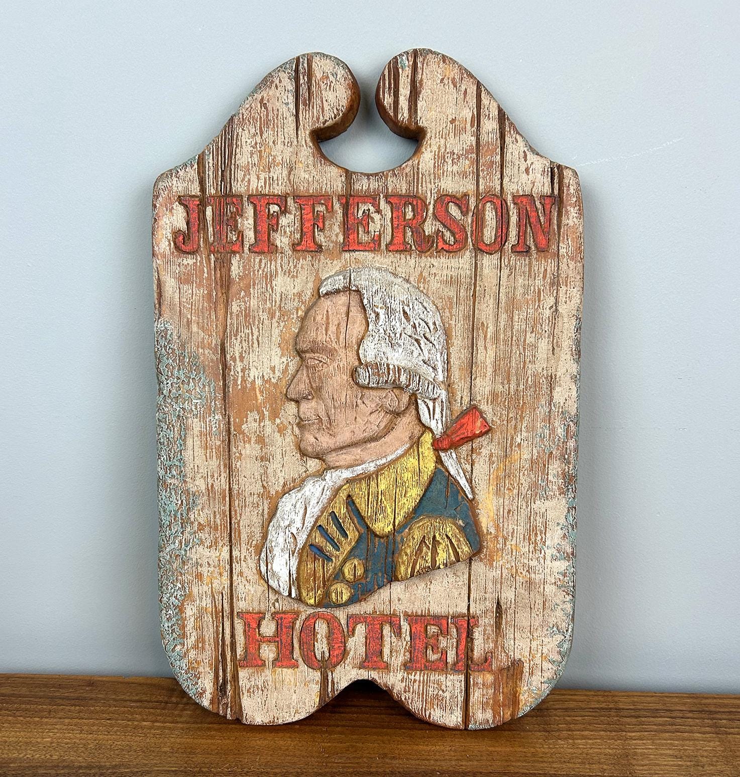 Vintage Jefferson Hotel Carved Relief Sign Lightweight Wood