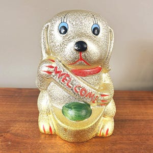Vintage Chinese Welcome Dog Ceramic Coin Bank with Metallic Finish