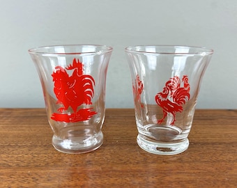 Vintage Pair of Different Libbey Red Rooster Juice Glasses Rooster and Hen